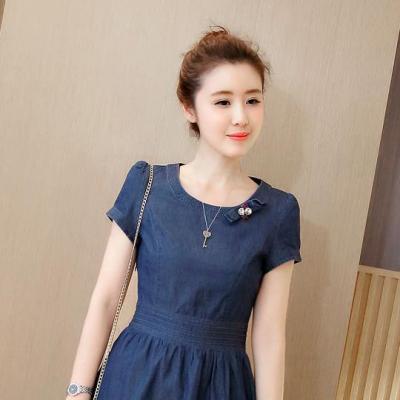 ĐẦM JEAN XÒE CỔ TRÒN ĐÍNH NƠ XẾP LY EO - NJ913